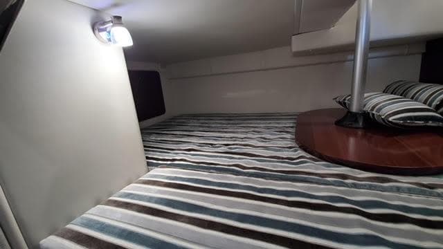 2019 Monterey 295 cabin interior with striped bedding and ambient lighting.