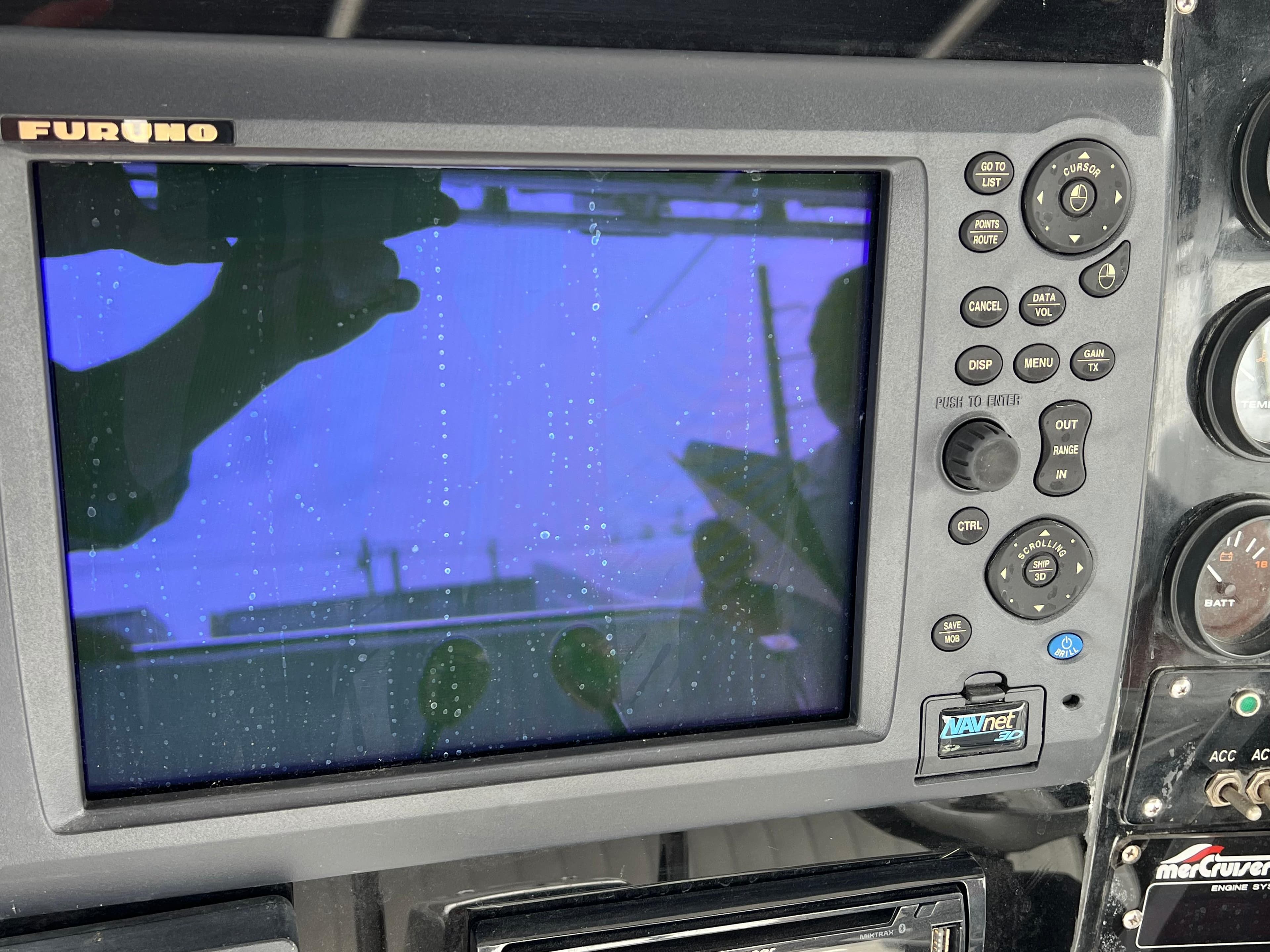 Furuno marine navigation display on a 2000 Stuart Angler 32 Center Console boat.