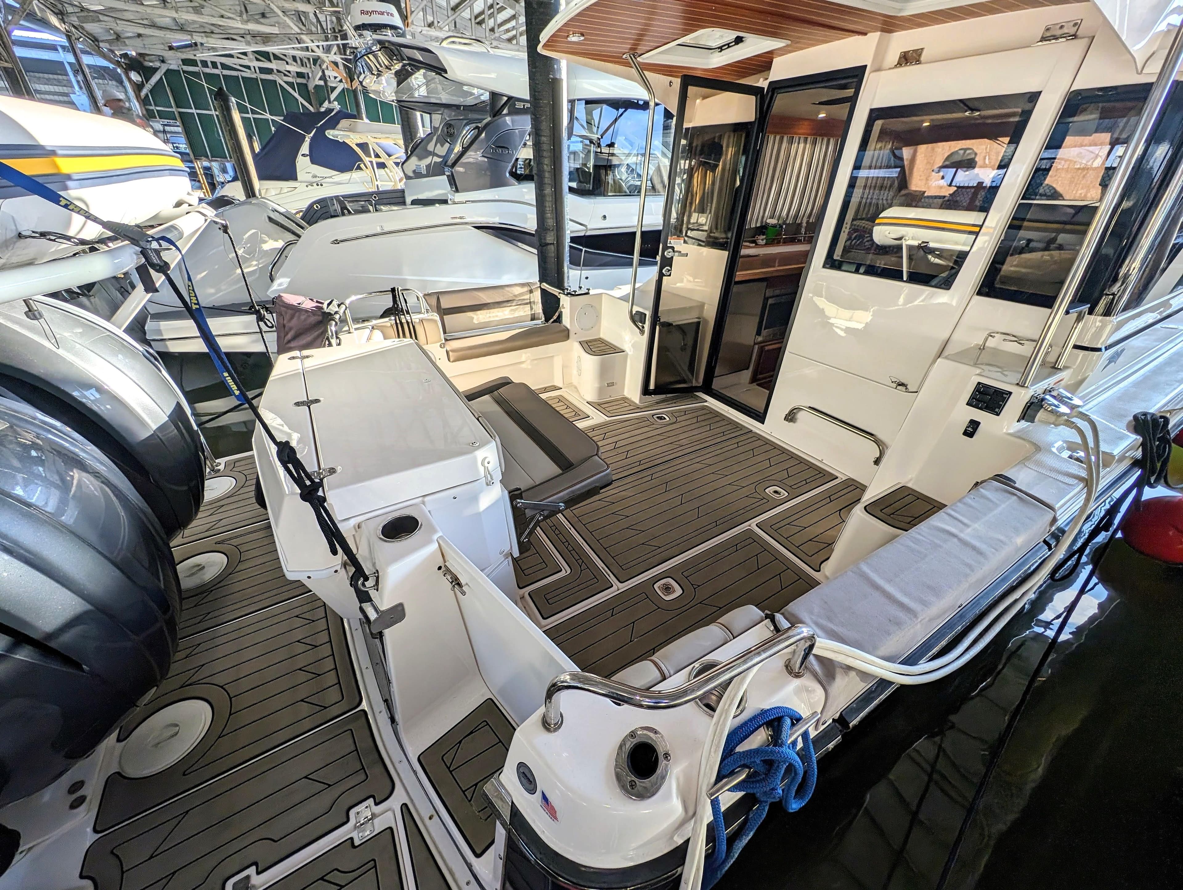 2022 Cutwater C-32 Coupe LE boat interior with modern amenities and sleek design.
