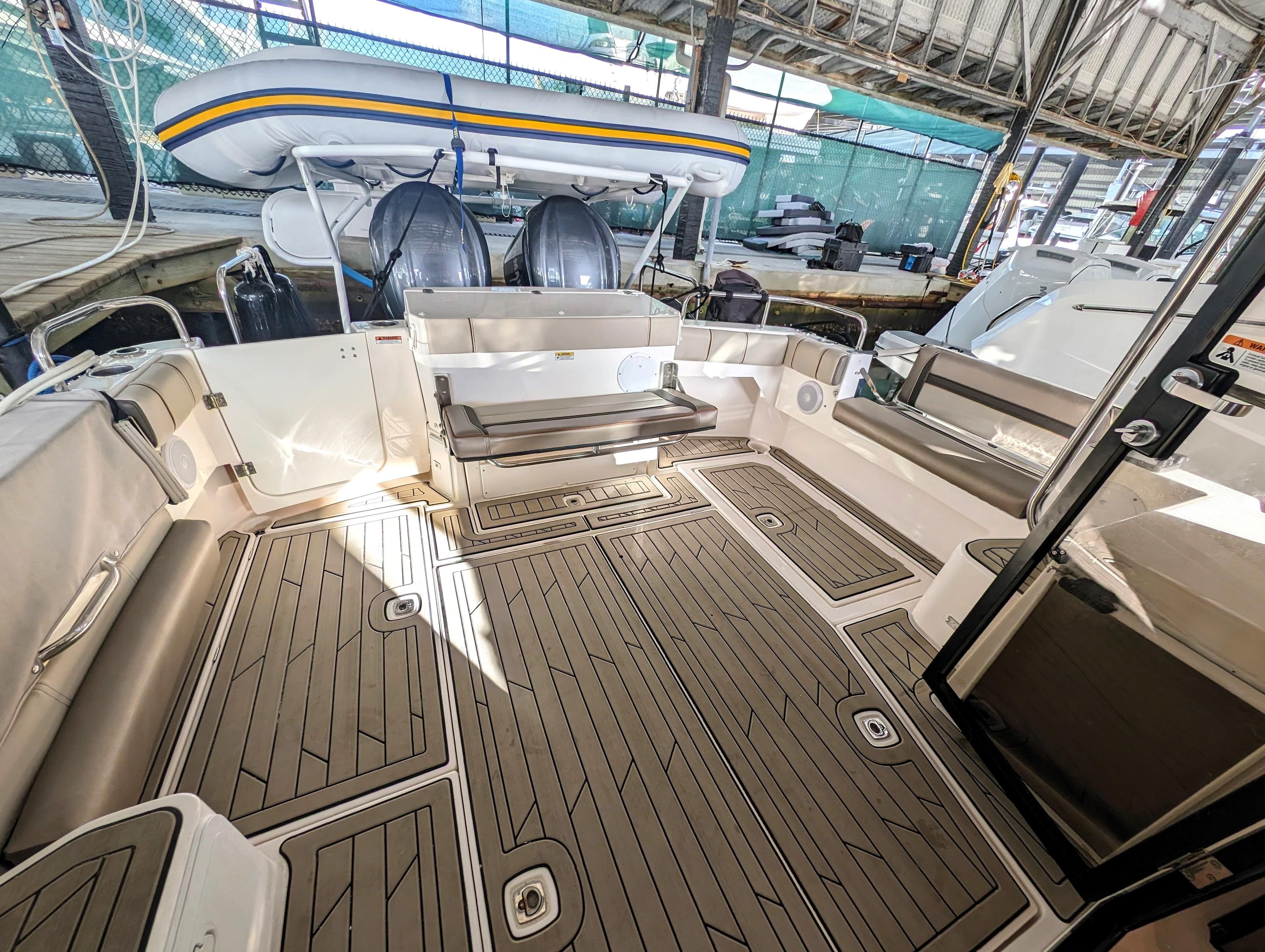 2022 Cutwater C-32 Coupe LE boat interior with spacious deck and seating.